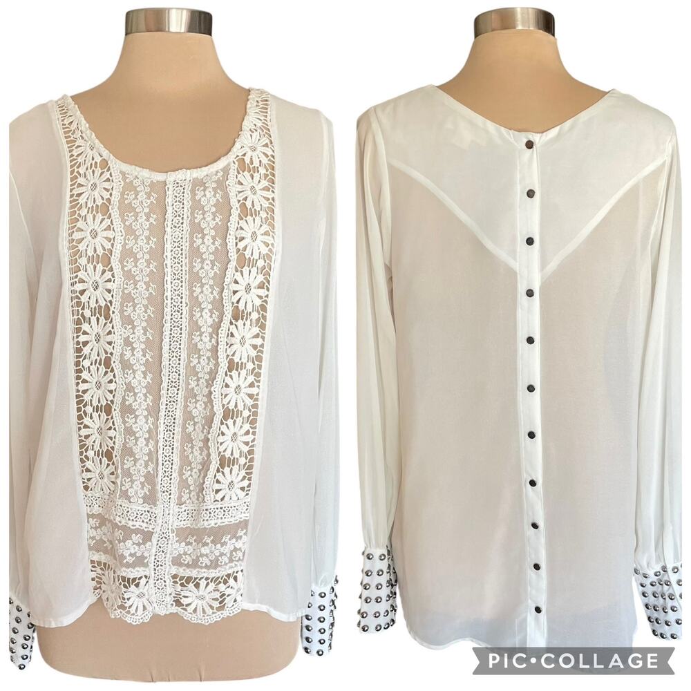 Double Zero Chiffon &‎ Lace Sheer White Blouse Studded Cuffs Sz Large Feminine